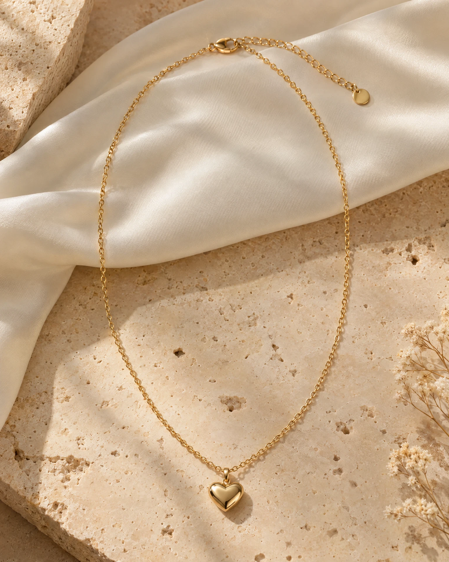 Colar dourado delicado com pingente de coração sobre seda marfim