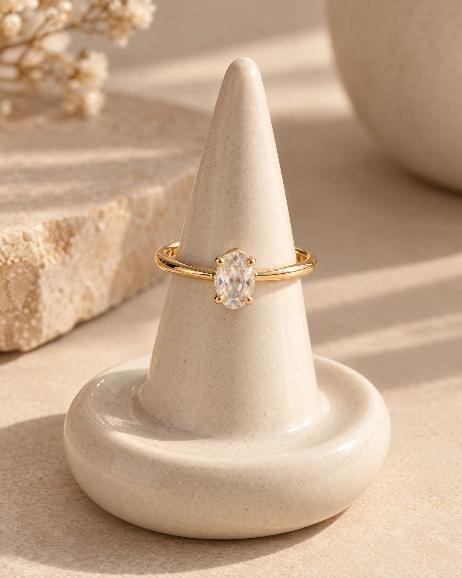 Anel dourado delicado com pedra oval sobre suporte de cerâmica